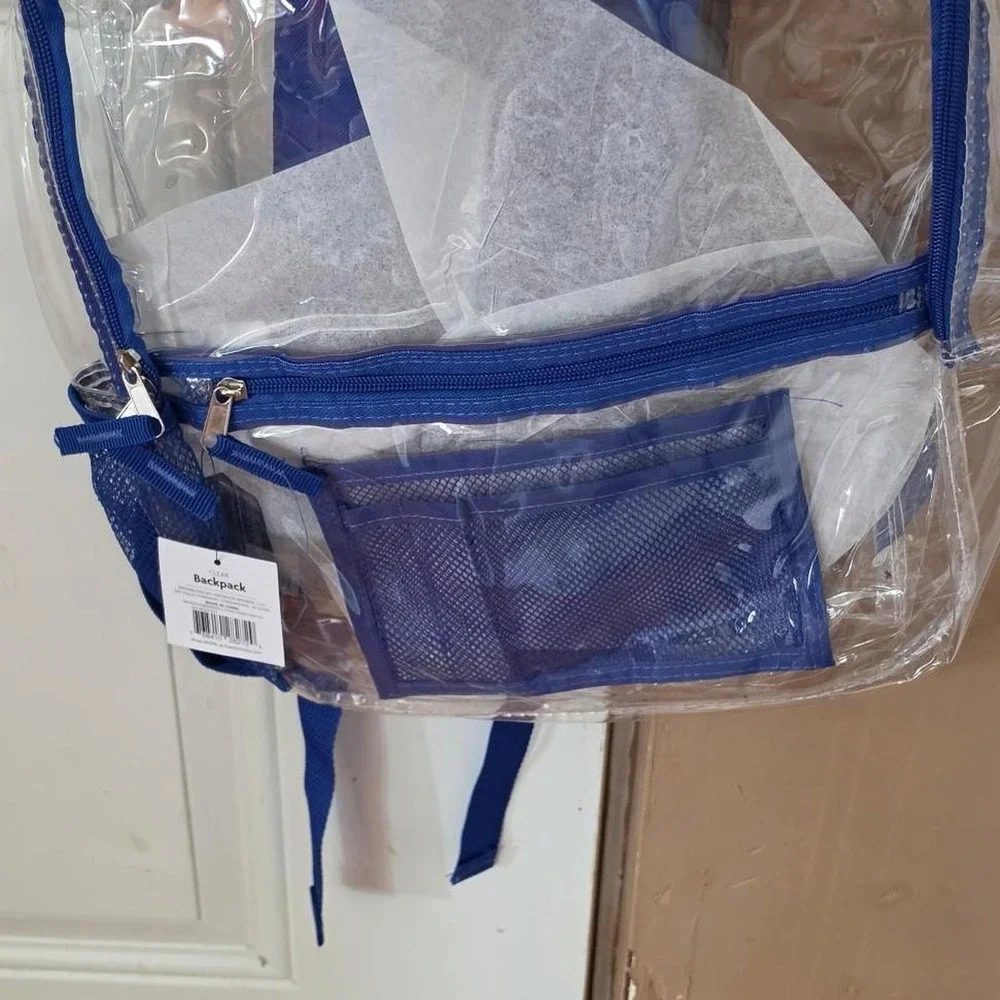 New Blue clear backpack with blue mesh pockets